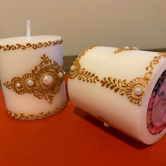 Golden Strips- Henna Designed Pillar Candle Set