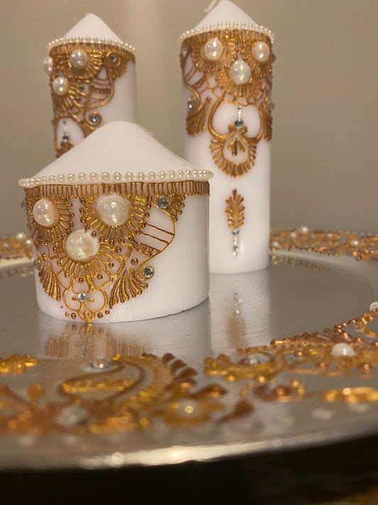 Golden Dreams- Henna Designed Pillar Candle Set